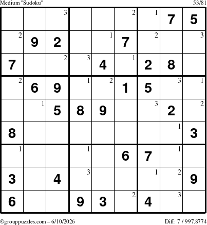 The grouppuzzles.com Medium Sudoku puzzle for Wednesday June 10, 2026 with the first 3 steps marked