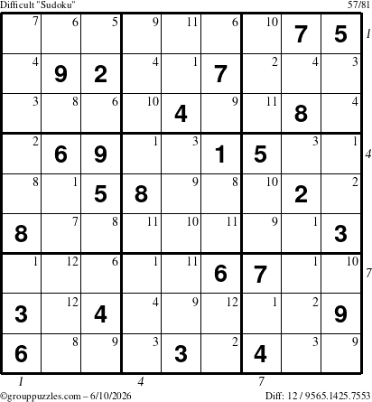 The grouppuzzles.com Difficult Sudoku puzzle for Wednesday June 10, 2026, suitable for printing, with all 12 steps marked