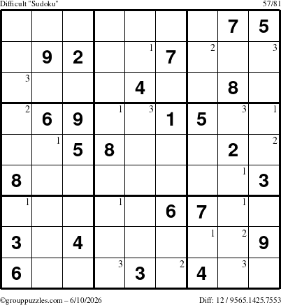 The grouppuzzles.com Difficult Sudoku puzzle for Wednesday June 10, 2026 with the first 3 steps marked