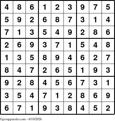 The grouppuzzles.com Answer grid for the Sudoku puzzle for Wednesday June 10, 2026