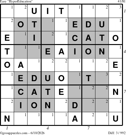 The grouppuzzles.com Easy HyperEducation-i23 puzzle for Wednesday June 10, 2026, suitable for printing, with all 3 steps marked