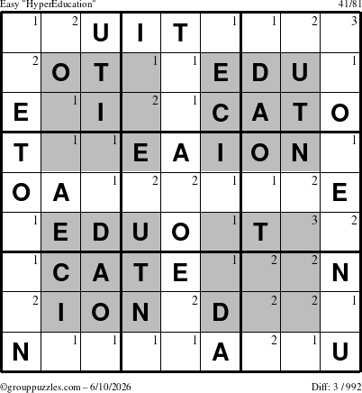 The grouppuzzles.com Easy HyperEducation-i23 puzzle for Wednesday June 10, 2026 with the first 3 steps marked