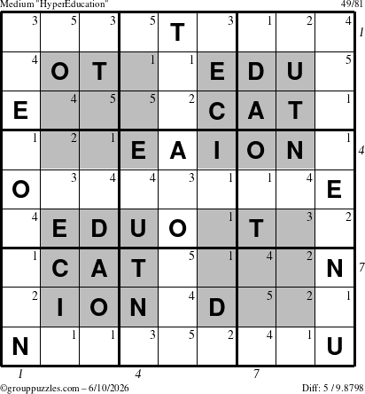 The grouppuzzles.com Medium HyperEducation-i23 puzzle for Wednesday June 10, 2026, suitable for printing, with all 5 steps marked