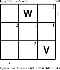 The grouppuzzles.com Easy TicTac-VWX puzzle for Wednesday June 10, 2026, suitable for printing, with all 2 steps marked