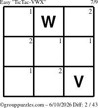 The grouppuzzles.com Easy TicTac-VWX puzzle for Wednesday June 10, 2026 with the first 2 steps marked