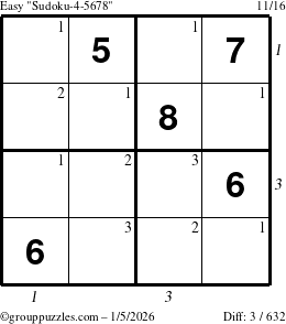 The grouppuzzles.com Easy Sudoku-4-5678 puzzle for Monday January 5, 2026, suitable for printing, with all 3 steps marked