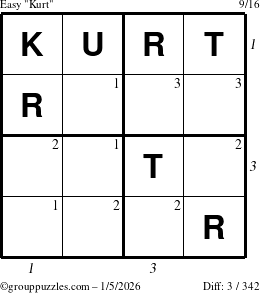 The grouppuzzles.com Easy Kurt puzzle for Monday January 5, 2026 with all 3 steps marked
