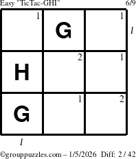 The grouppuzzles.com Easy TicTac-GHI puzzle for Monday January 5, 2026 with all 2 steps marked