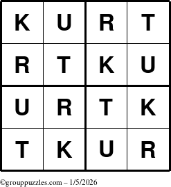 The grouppuzzles.com Answer grid for the Kurt puzzle for Monday January 5, 2026