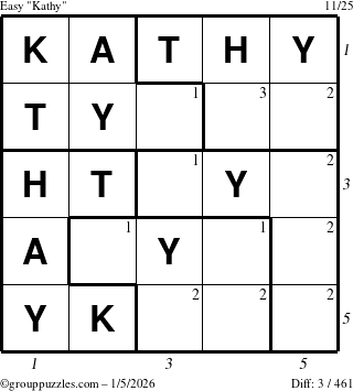 The grouppuzzles.com Easy Kathy puzzle for Monday January 5, 2026 with all 3 steps marked