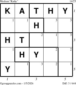 The grouppuzzles.com Medium Kathy puzzle for Monday January 5, 2026 with all 3 steps marked