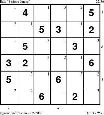 The grouppuzzles.com Easy Sudoku-Junior puzzle for Monday January 5, 2026, suitable for printing, with all 4 steps marked