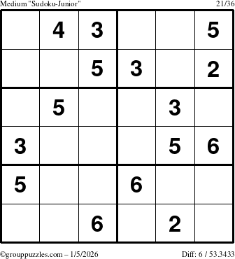The grouppuzzles.com Medium Sudoku-Junior puzzle for Monday January 5, 2026