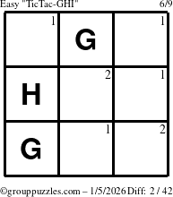 The grouppuzzles.com Easy TicTac-GHI puzzle for Monday January 5, 2026 with the first 2 steps marked