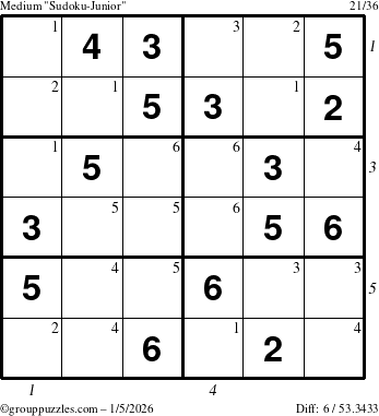 The grouppuzzles.com Medium Sudoku-Junior puzzle for Monday January 5, 2026, suitable for printing, with all 6 steps marked