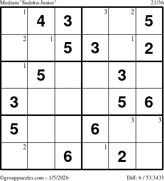 The grouppuzzles.com Medium Sudoku-Junior puzzle for Monday January 5, 2026 with the first 3 steps marked