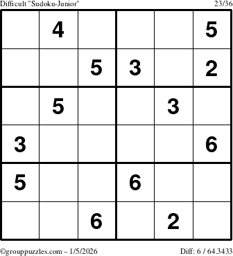 The grouppuzzles.com Difficult Sudoku-Junior puzzle for Monday January 5, 2026