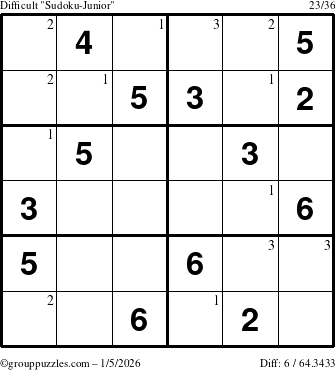 The grouppuzzles.com Difficult Sudoku-Junior puzzle for Monday January 5, 2026 with the first 3 steps marked