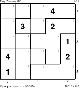 The grouppuzzles.com Easy Sudoku-5B puzzle for Monday January 5, 2026, suitable for printing, with all 3 steps marked
