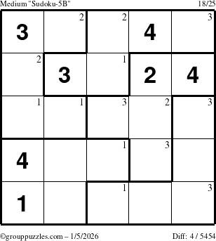 The grouppuzzles.com Medium Sudoku-5B puzzle for Monday January 5, 2026 with the first 3 steps marked