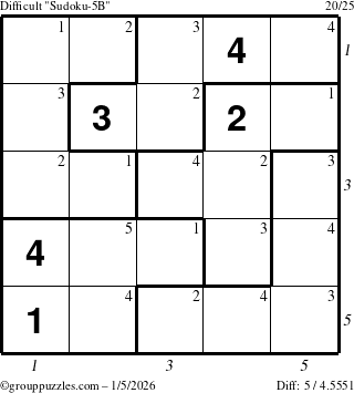 The grouppuzzles.com Difficult Sudoku-5B puzzle for Monday January 5, 2026 with all 5 steps marked