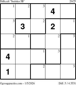 The grouppuzzles.com Difficult Sudoku-5B puzzle for Monday January 5, 2026 with the first 3 steps marked