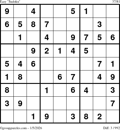 The grouppuzzles.com Easy Sudoku puzzle for Monday January 5, 2026