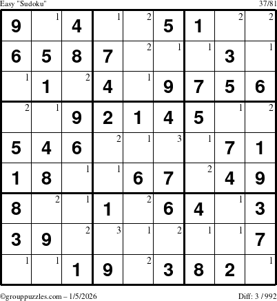 The grouppuzzles.com Easy Sudoku puzzle for Monday January 5, 2026 with the first 3 steps marked