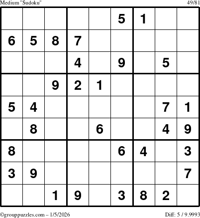The grouppuzzles.com Medium Sudoku puzzle for Monday January 5, 2026