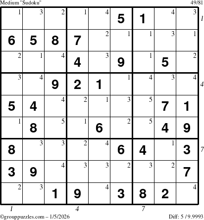 The grouppuzzles.com Medium Sudoku puzzle for Monday January 5, 2026 with all 5 steps marked