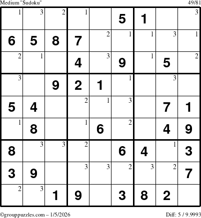 The grouppuzzles.com Medium Sudoku puzzle for Monday January 5, 2026 with the first 3 steps marked