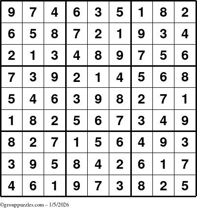 The grouppuzzles.com Answer grid for the Sudoku puzzle for Monday January 5, 2026