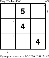 The grouppuzzles.com Easy TicTac-456 puzzle for Monday January 5, 2026, suitable for printing, with all 2 steps marked