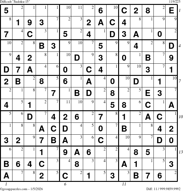 The grouppuzzles.com Difficult Sudoku-15 puzzle for Monday January 5, 2026, suitable for printing, with all 11 steps marked