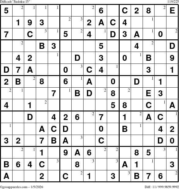 The grouppuzzles.com Difficult Sudoku-15 puzzle for Monday January 5, 2026 with the first 3 steps marked