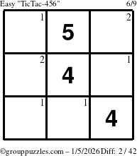 The grouppuzzles.com Easy TicTac-456 puzzle for Monday January 5, 2026 with the first 2 steps marked