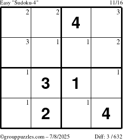 The grouppuzzles.com Easy Sudoku-4 puzzle for Tuesday July 8, 2025 with the first 3 steps marked