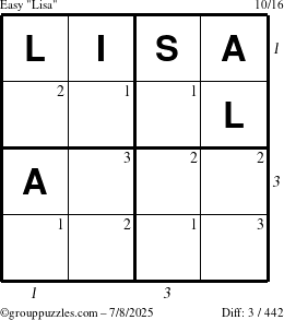 The grouppuzzles.com Easy Lisa puzzle for Tuesday July 8, 2025 with all 3 steps marked