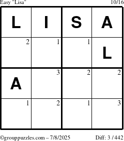 The grouppuzzles.com Easy Lisa puzzle for Tuesday July 8, 2025 with the first 3 steps marked