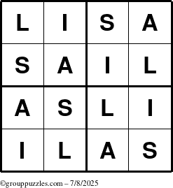 The grouppuzzles.com Answer grid for the Lisa puzzle for Tuesday July 8, 2025