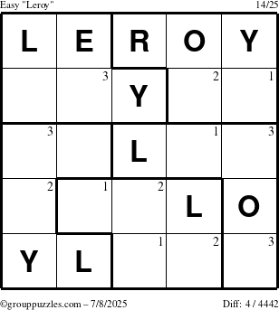 The grouppuzzles.com Easy Leroy puzzle for Tuesday July 8, 2025 with the first 3 steps marked
