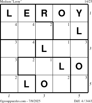 The grouppuzzles.com Medium Leroy puzzle for Tuesday July 8, 2025 with all 4 steps marked