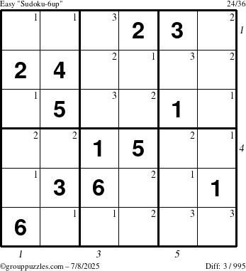The grouppuzzles.com Easy Sudoku-6up puzzle for Tuesday July 8, 2025 with all 3 steps marked