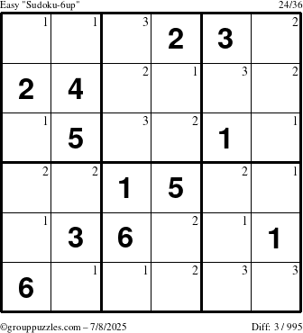 The grouppuzzles.com Easy Sudoku-6up puzzle for Tuesday July 8, 2025 with the first 3 steps marked