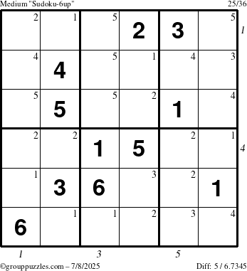 The grouppuzzles.com Medium Sudoku-6up puzzle for Tuesday July 8, 2025 with all 5 steps marked