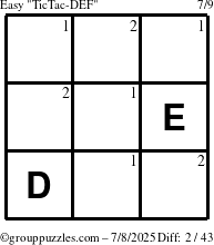 The grouppuzzles.com Easy TicTac-DEF puzzle for Tuesday July 8, 2025 with the first 2 steps marked