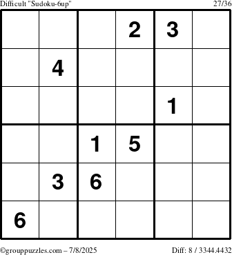 The grouppuzzles.com Difficult Sudoku-6up puzzle for Tuesday July 8, 2025