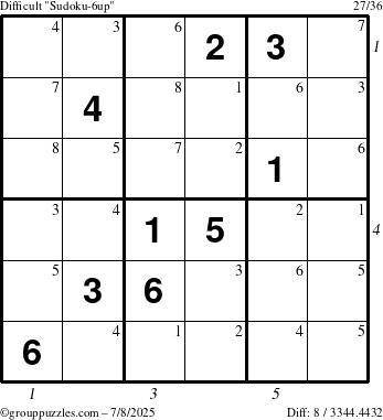 The grouppuzzles.com Difficult Sudoku-6up puzzle for Tuesday July 8, 2025 with all 8 steps marked