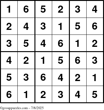 The grouppuzzles.com Answer grid for the Sudoku-6up puzzle for Tuesday July 8, 2025