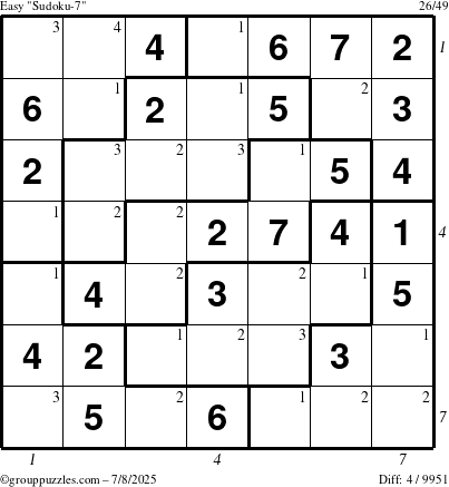 The grouppuzzles.com Easy Sudoku-7 puzzle for Tuesday July 8, 2025 with all 4 steps marked